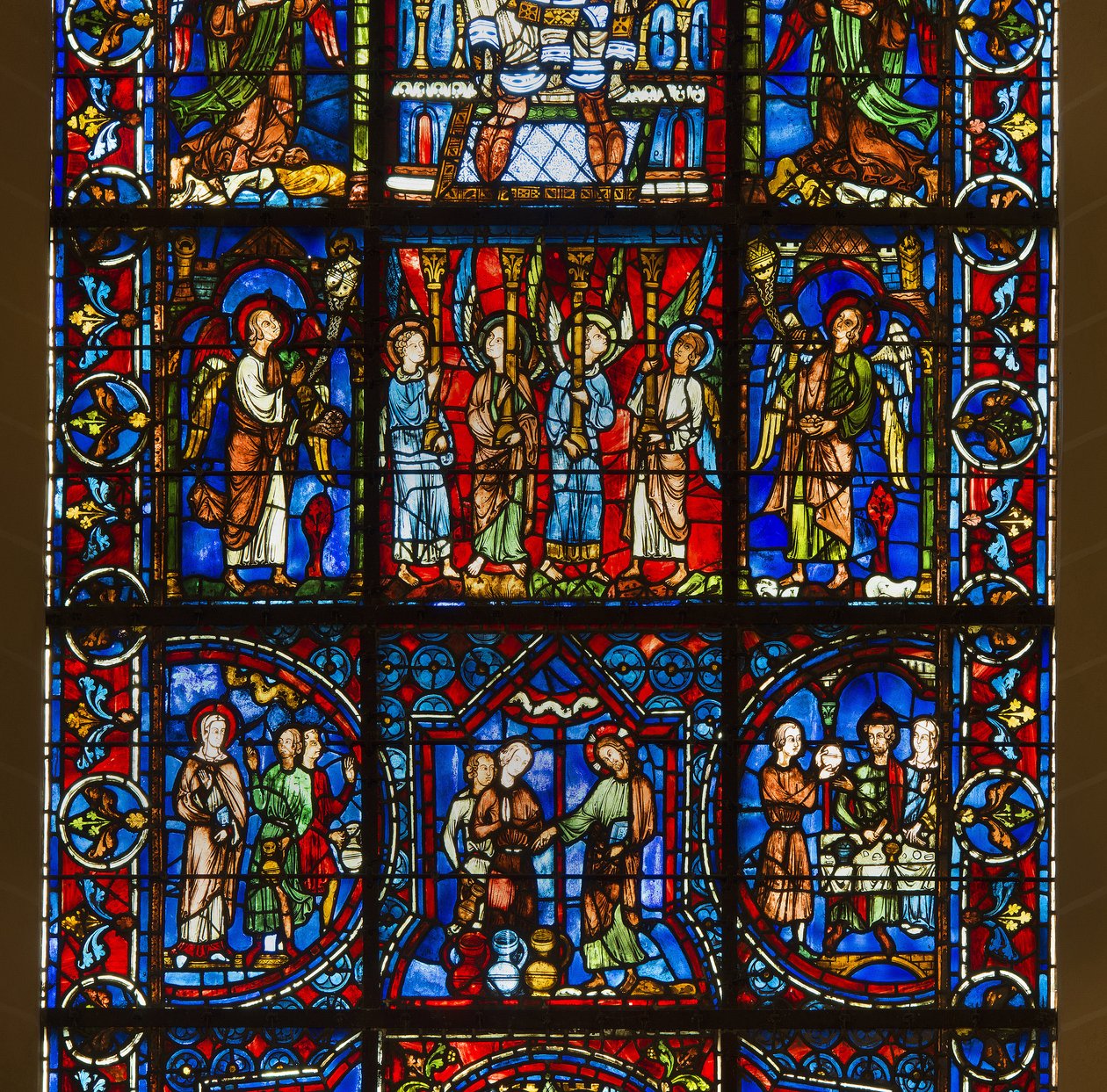 Kathedrale von Chartres, Buntglas: Unsere Liebe Frau vom schönen Glas mit dem öffentlichen Leben Christi darunter, Detail (Mitte) von French School