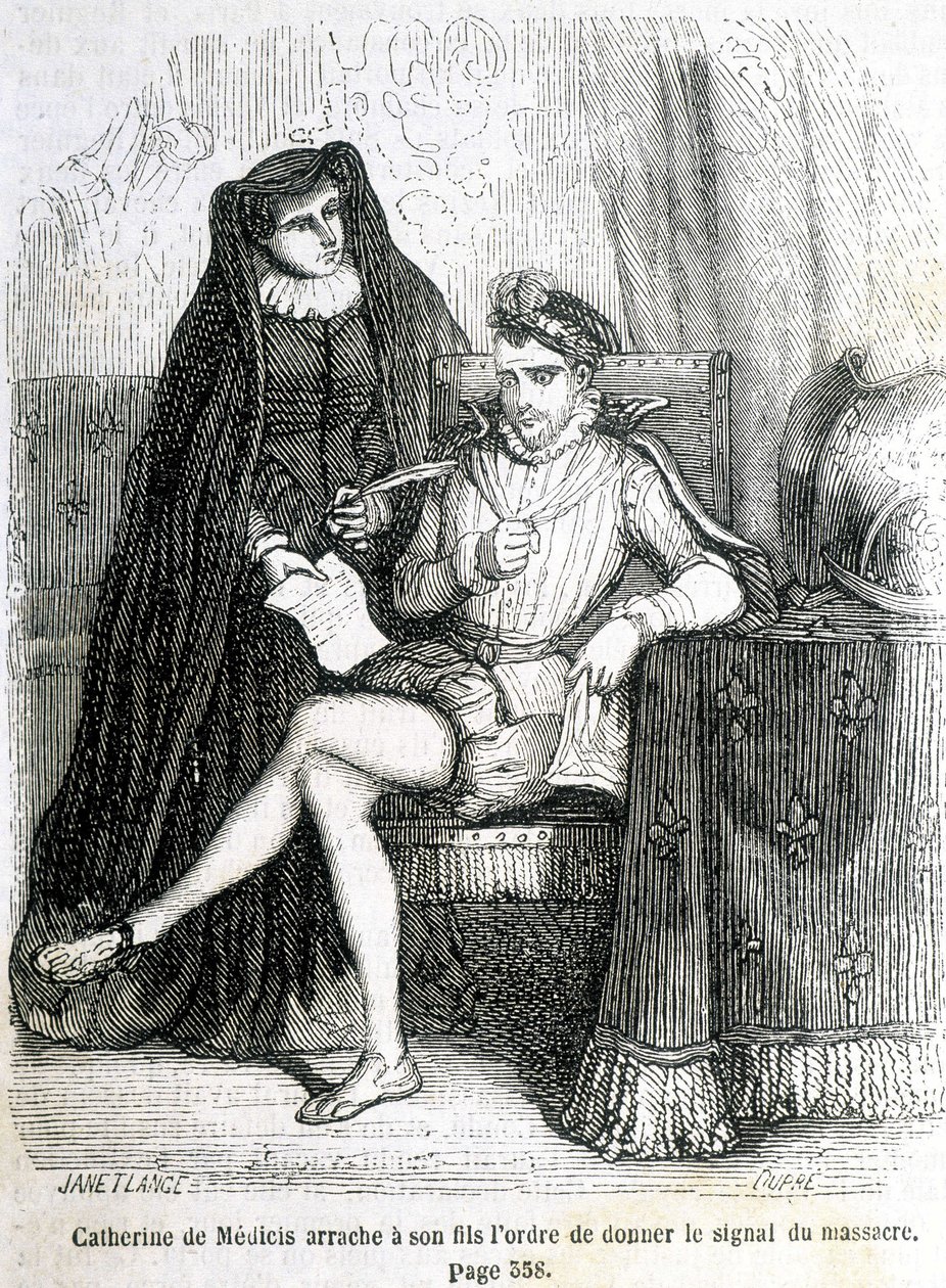 Catherine de Medici (Caterina de Medici) entreißt ihrem Sohn (Karl IX.) den Befehl, das Signal zum Massaker der Bartholomäusnacht 1572 zu geben - in „Histoire de France“ von L.-P. Anquetil von French School