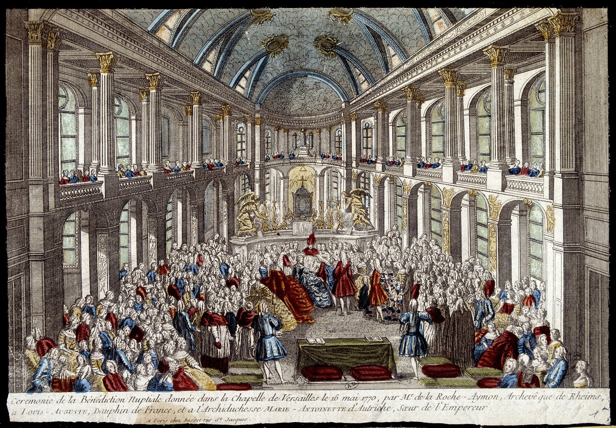 Zeremonie des Brautsegen in der Kapelle von Versailles am 16. Mai 1770 durch Louis Auguste, Dauphin von Frankreich (Louis XVI), und Marie Antoinette von Österreich - Gravur von French School
