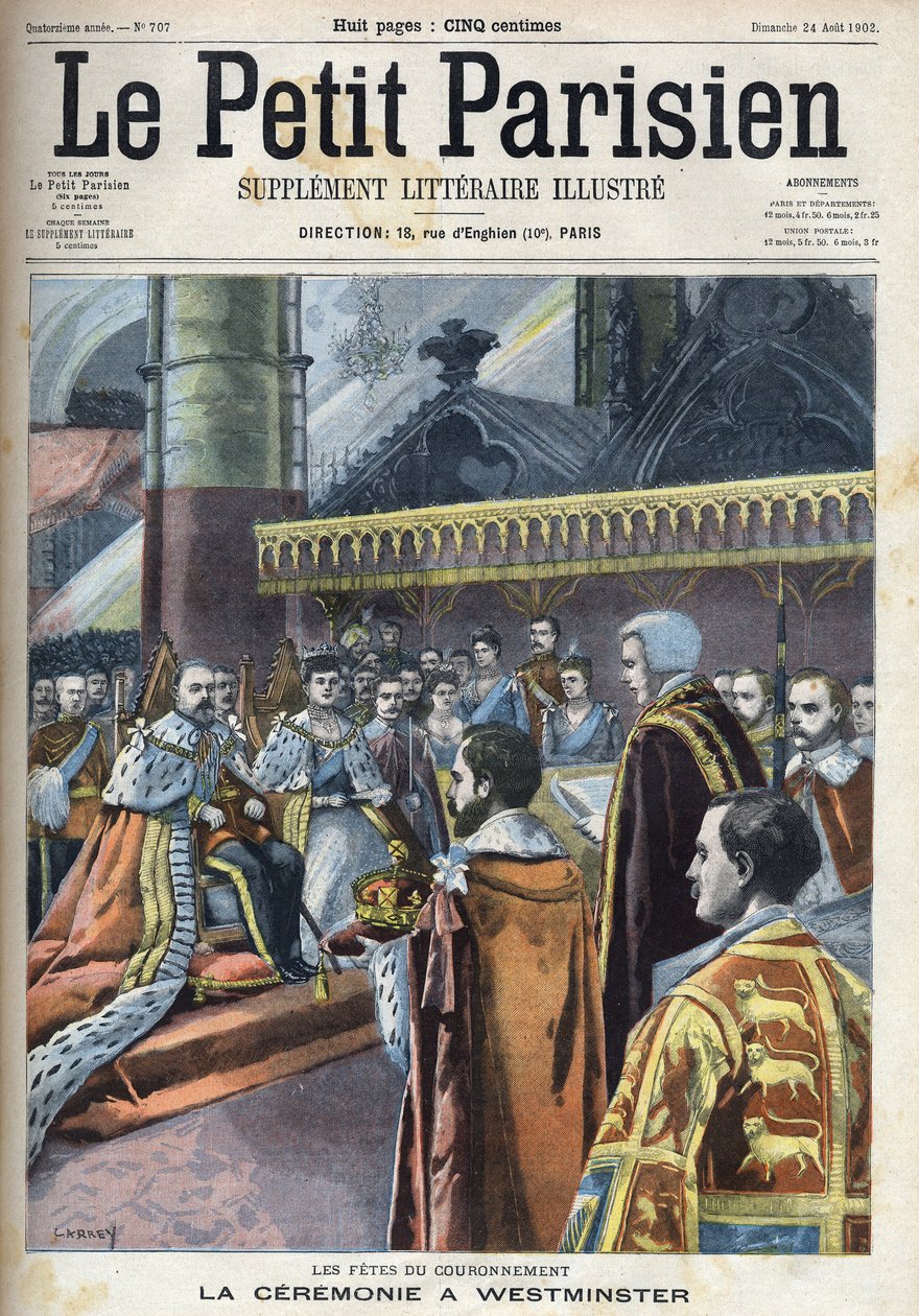 Zeremonie der Krönung in Westminster: König Edward VII. (1841-1910) und Alexandra von Dänemark (1844-1925), in "Le Petit Parisien" von French School