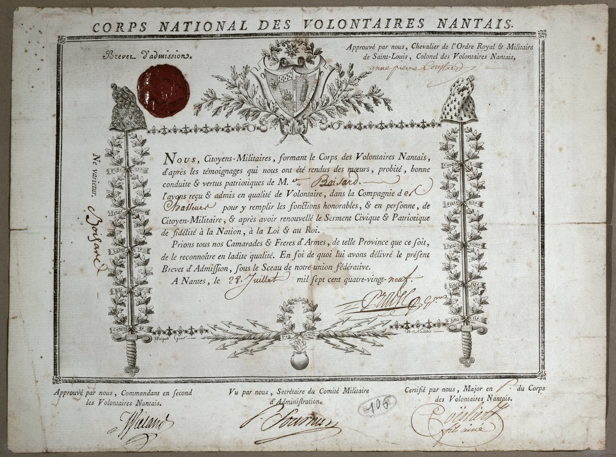 Zertifikat der Aufnahme in die Nationalgarde der Freiwilligen von Nantes, 1789 von French School