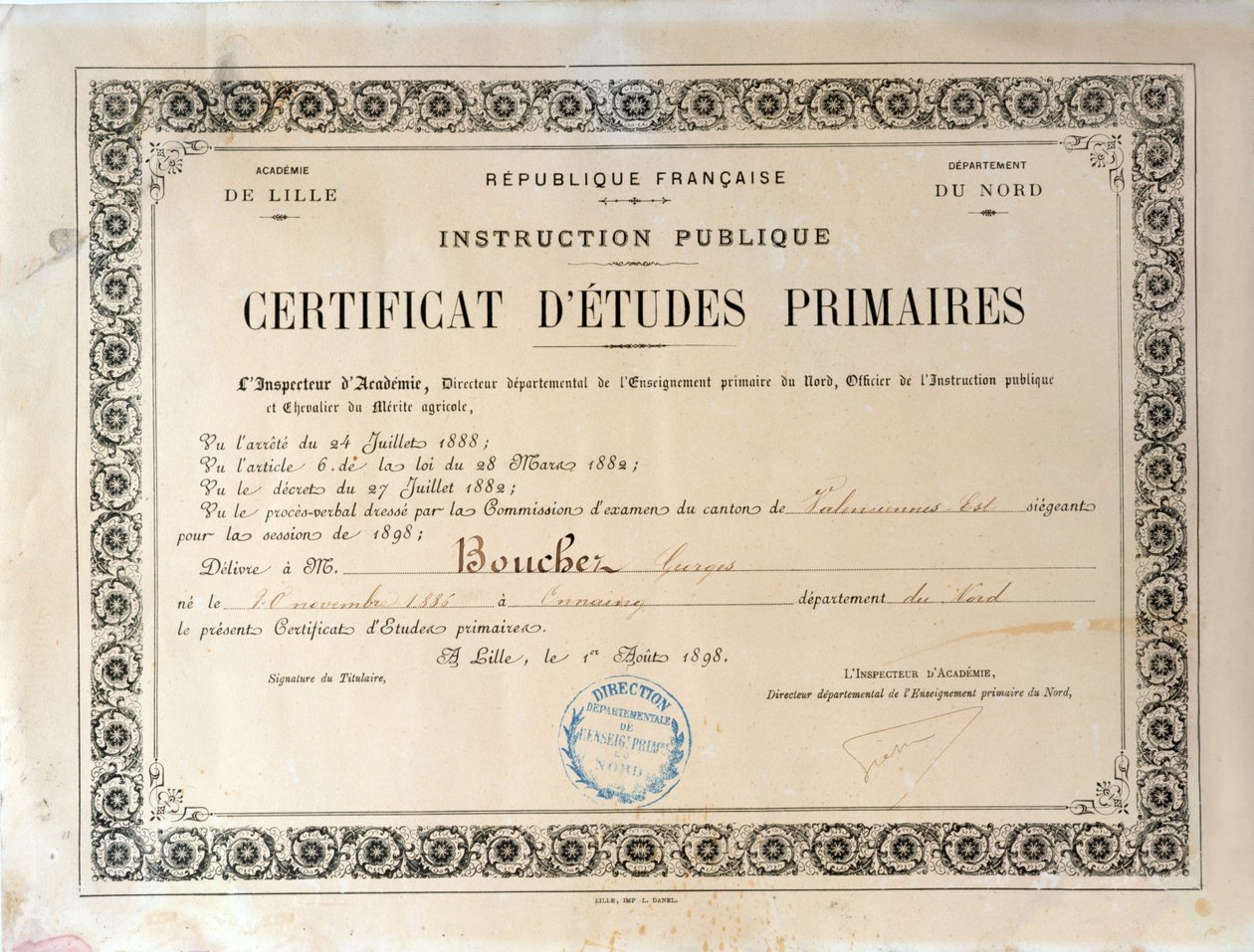 Zertifikat der Grundschulbildung, Akademie von Lille, 1898 von French School