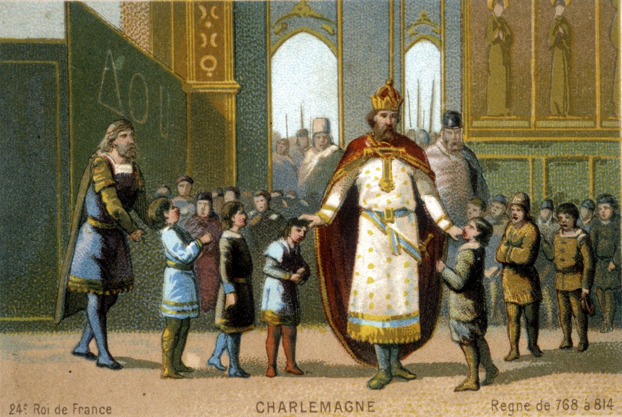 Karl der Große besucht eine Schule - Chromolithographie des 19. Jahrhunderts von French School