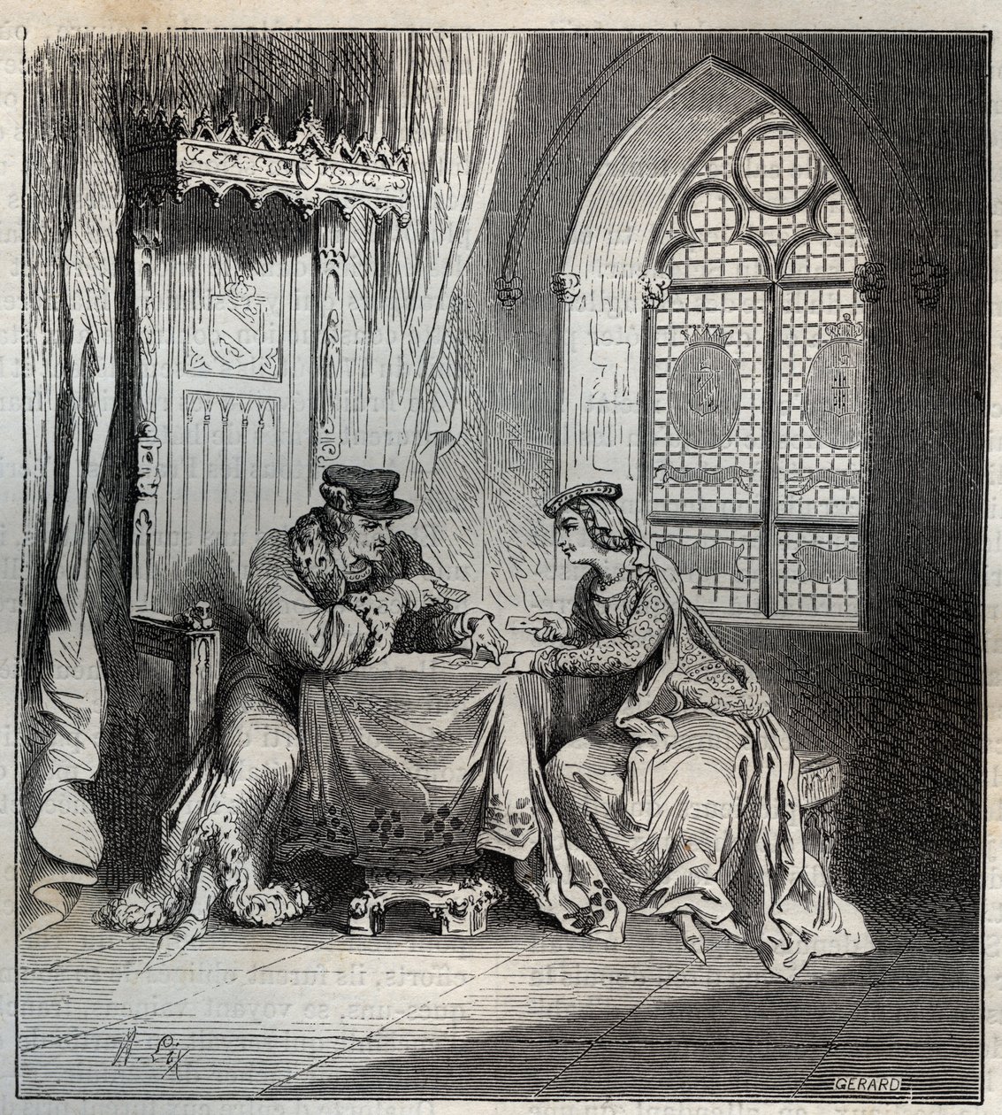 Karl VI. (1380-1422) und Odette de Champdivers - König Karl VI. von Frankreich, bekannt als Karl der Gute Aime, dann Karl der Verrückte (1368-1422) mit seiner Geliebten Odinette (Odette) de Champdivers (circa 1390-um 1425) beim Kartenspielen Gravur in „Par von French School