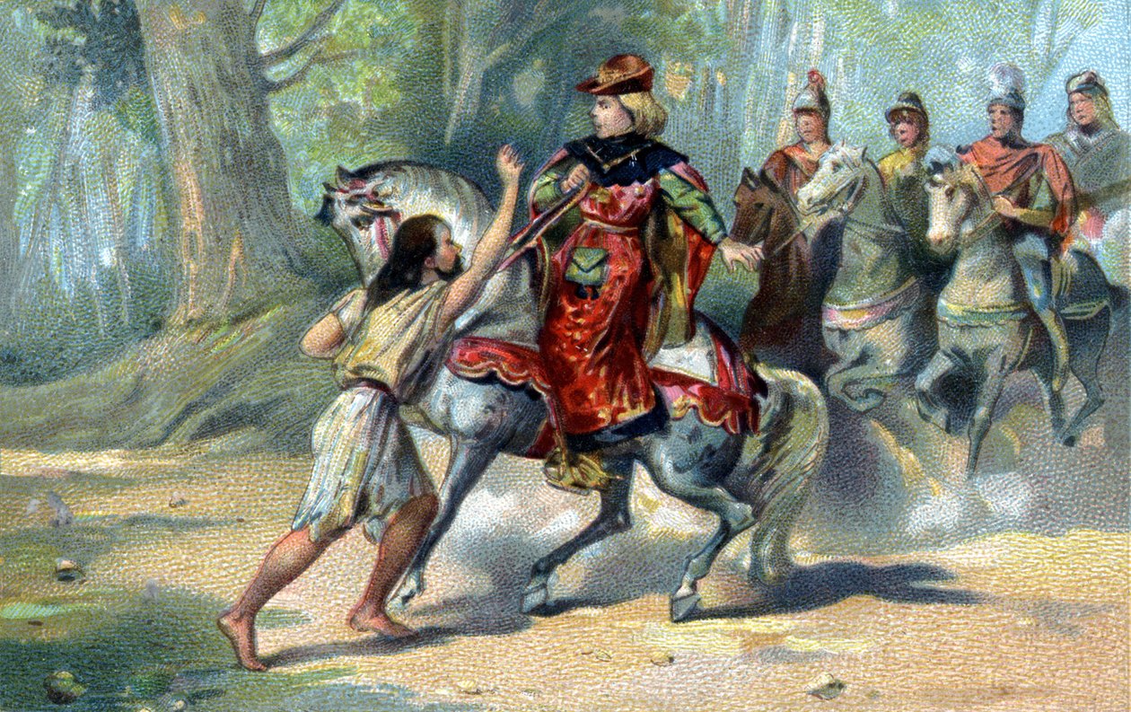 Karl VI. verfällt im Wald von Le Mans dem Wahnsinn. Chromolithographie aus dem späten 19. Jahrhundert von French School