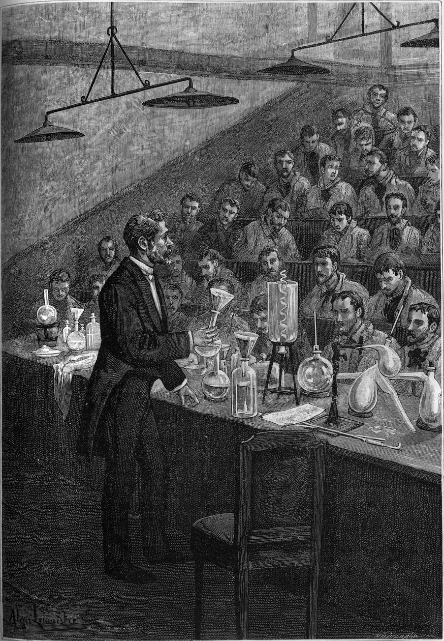 Chemieunterricht an der Ecole Centrale de Paris. Gravur in „Le journal de la jeunesse“ 1887 von French School