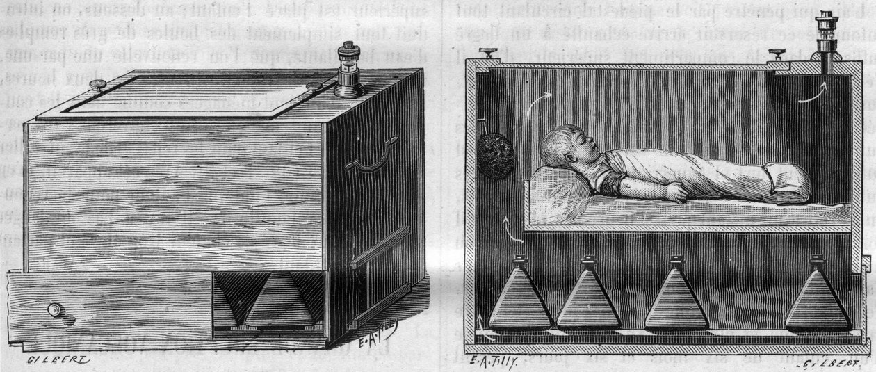 Kinderinkubator von Dr. Alfred Auvard (1855-1940), nach dem in der Entbindungsstation verwendeten Apparat, links Außenansicht, rechts Innenansicht. In „La Nature. Revue des sciences et de ses applications aux arts et à l