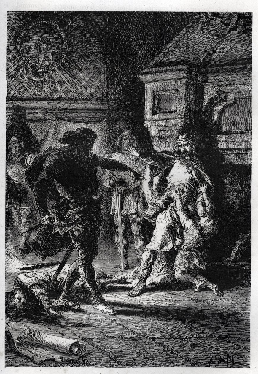 Childebert I. (ca. 498-558) beim Mord an den Erben seiner Brüder im Jahr 526 - Childebert I. lässt Chlothar die Kinder ihres Bruders Chlodomer, König von Orléans, massakrieren, deren Staaten sie teilen, 526 - Gravur aus „L