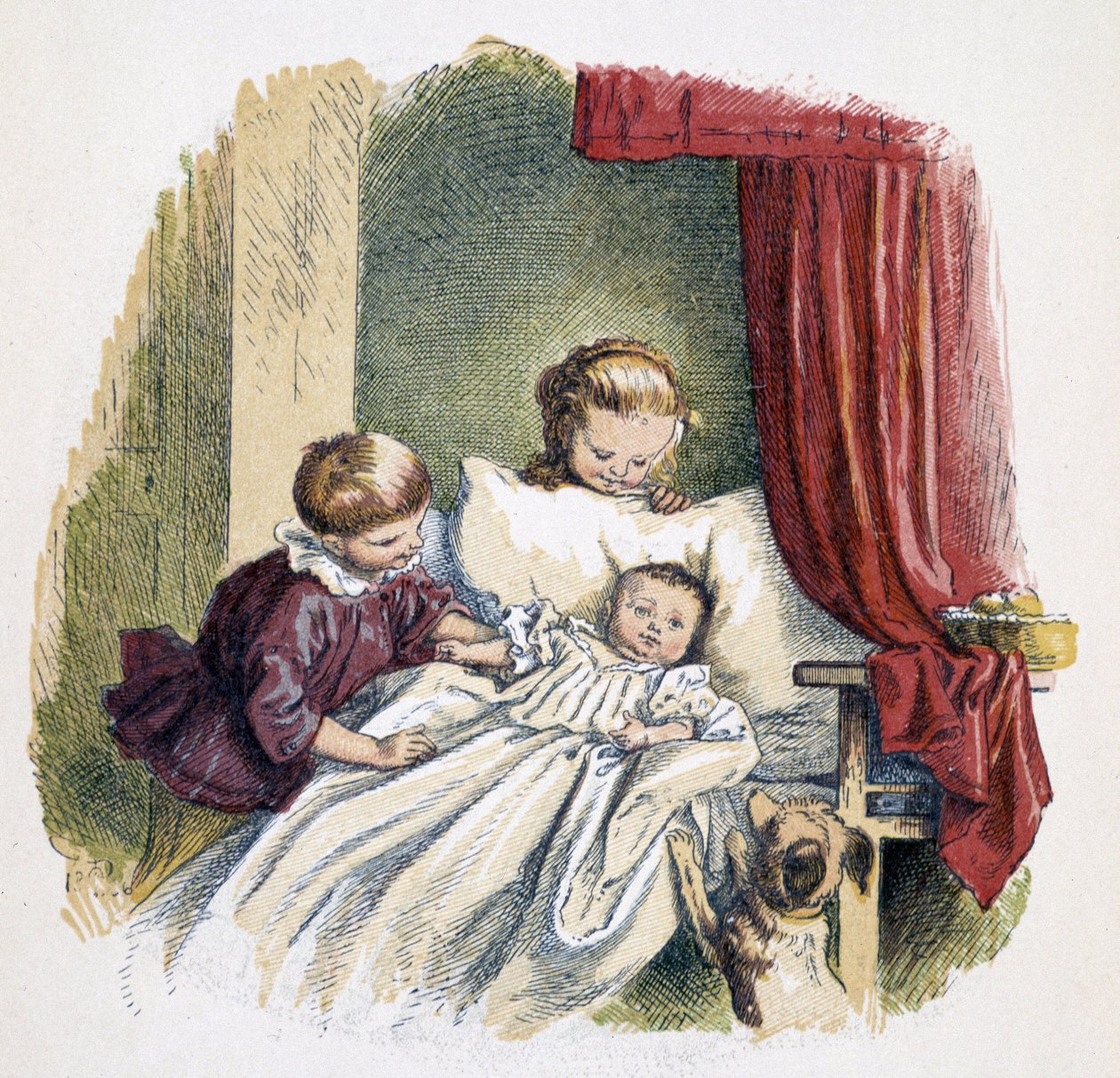 Kinder spielen mit einer Puppe in „Schnik, schnak, Kleinigkeiten für die Kleinen“, Kinderspiele. Hrsg. London- Georges Ronthedge und Söhne. New York, The broad way Ludgate n.d. ca. 1890. von French School