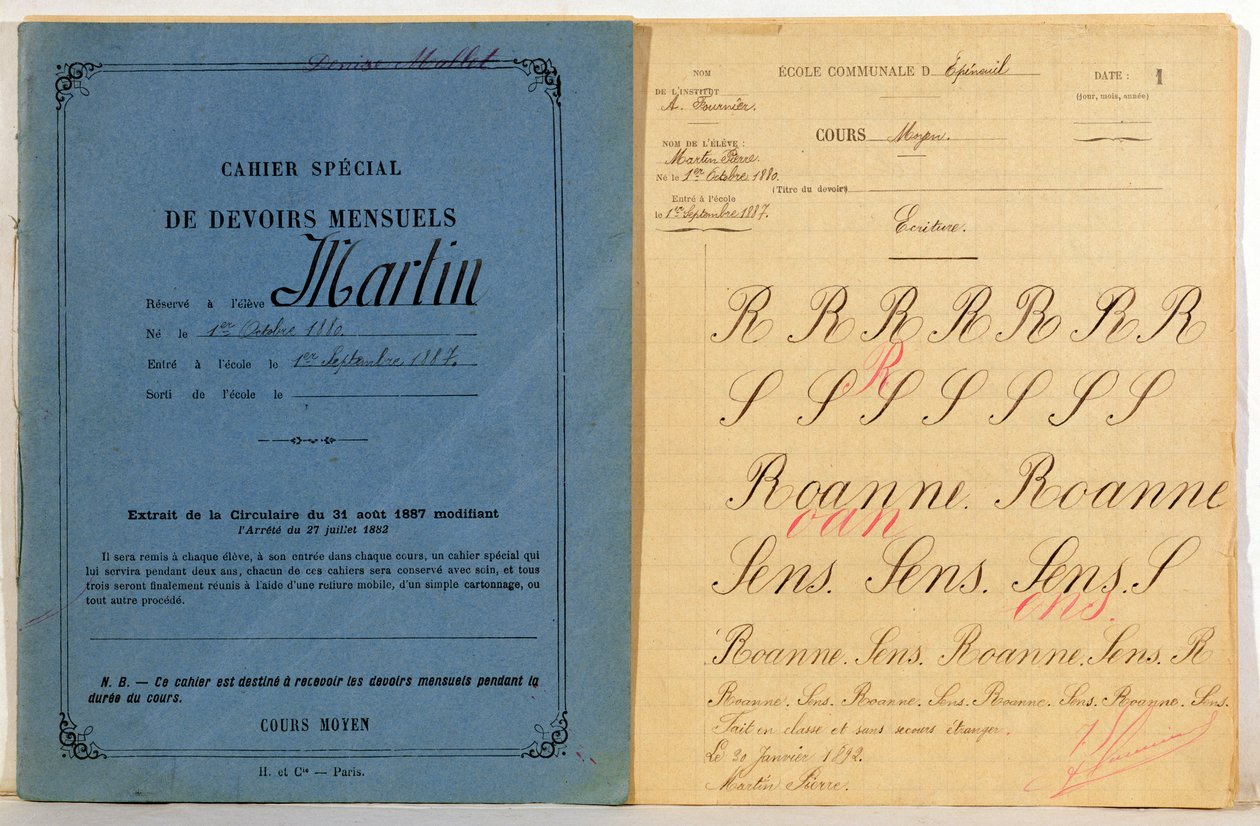 Übungsheft eines Kindes aus der Schule in Epineuil, 1892 von French School