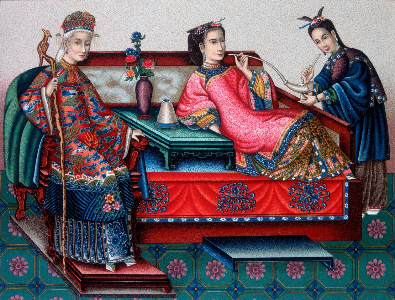 Chinesische Adelsfrauen rauchen Opium - in „Das historische Kostüm“ von Racinet von French School