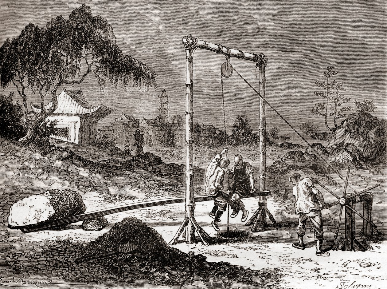 Chinesische Arbeiter im 19. Jahrhundert beim Graben eines Brunnens zur Gewinnung von Salzwasser, aus 
