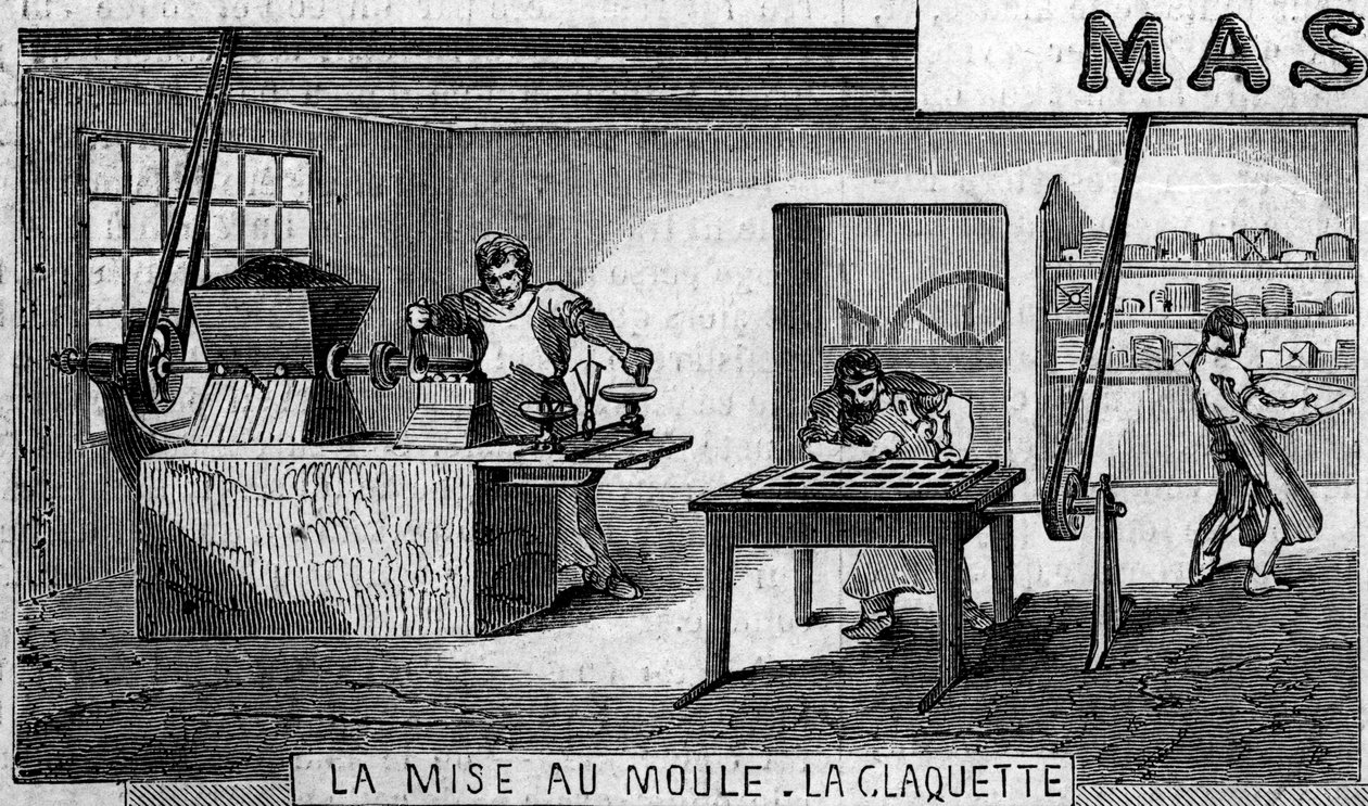 Schokoladenherstellung: Wiegen und Formen, Klopfen. Fabrik von M. Masson, Paris von French School