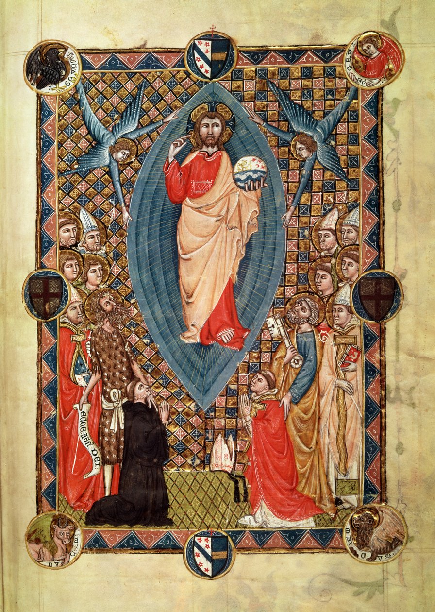 Christus in Majestät mit Heiligen, aus dem Pontifikale von Bischof Pierre de la Jugie, 1350 von French School