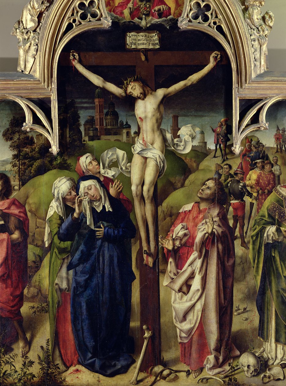 Christus am Kreuz, die heiligen Frauen und St. Johannes der Evangelist, vom Altarbild des Parlaments von Paris von French School
