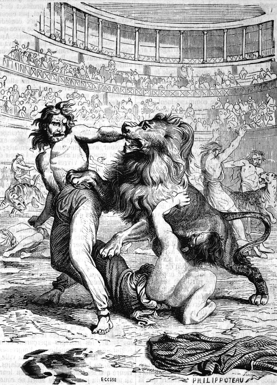Christen, die wilden Tieren im Amphitheater von Lyon ausgesetzt sind - in „Histoire de France“ von L.-P. Anquetil von French School