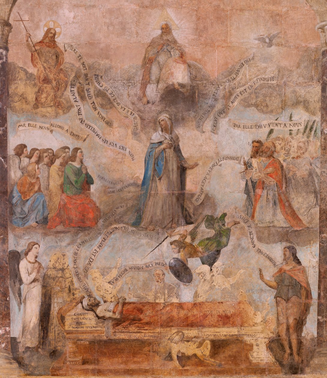 Kirche (Eglise Saint-Jean-Baptiste). Innenansicht. Kapelle Saint-Fursy. Wandmalereien. Die Verherrlichung Mariens (Fresko genannt der gute Tod). Anfang 17. Jahrhundert. von French School