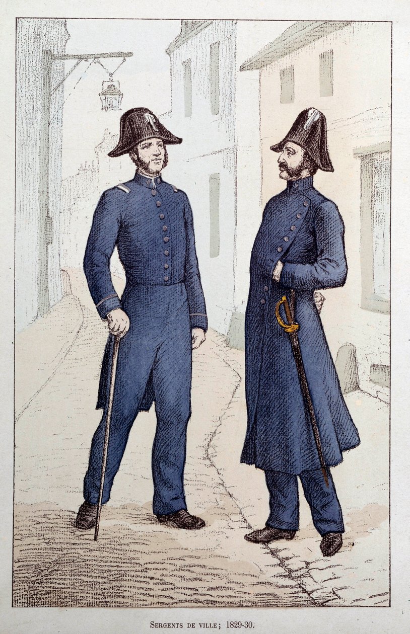 Stadtsergeanten. Zwei Polizeibeamte im Gespräch. Lithografie um 1829-1830, Präfektur der Polizei, Paris von French School