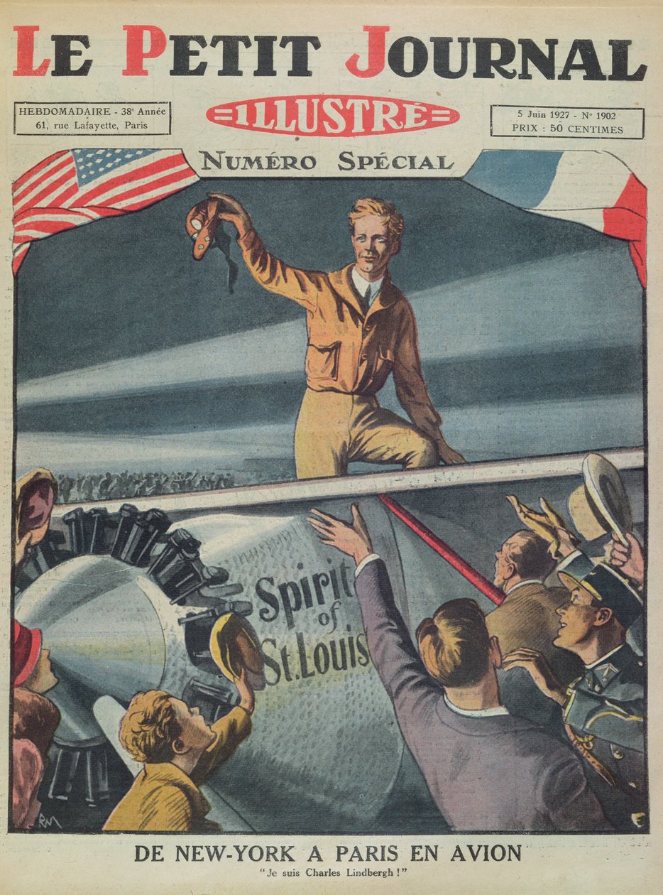 Colonel Charles Lindbergh (1902-74) bei seiner Ankunft am Flughafen Le Bourget nach dem ersten transatlantischen Flug von New York nach Paris am 21. Mai 1927, Titelbild von Le Petit Journal, 5. Juni 1927 von French School