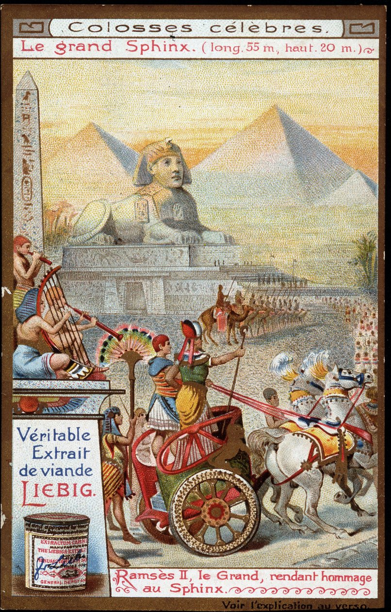 Berühmter Koloss: die Große Sphinx (Länge 55m, Höhe 20m): Ramses II., der Große, huldigt der Sphinx - Liebig Chromolithographie von French School