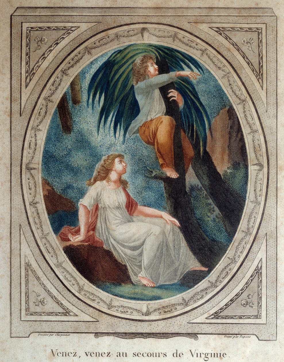 Komm, hilf Virginia. Illustration für den Roman „Paul und Virginie“ von Bernardin de Saint Pierre (1737-1814). Kupferstich von 1790. La Rochelle, Neues Weltmuseum von French School