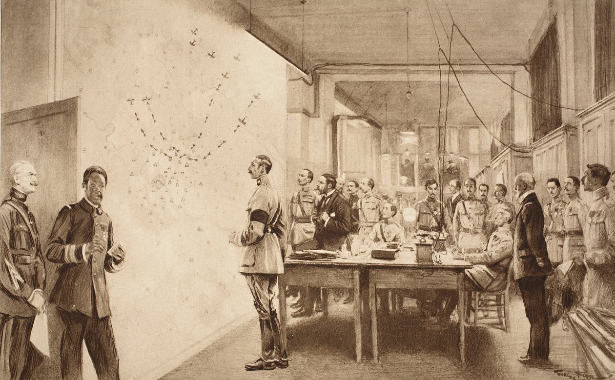 Kommandant und Stab der französischen Luftfahrtabteilung verfolgen den Fortschritt eines Gotha-Angriffs auf Paris, 1914-19 von French School