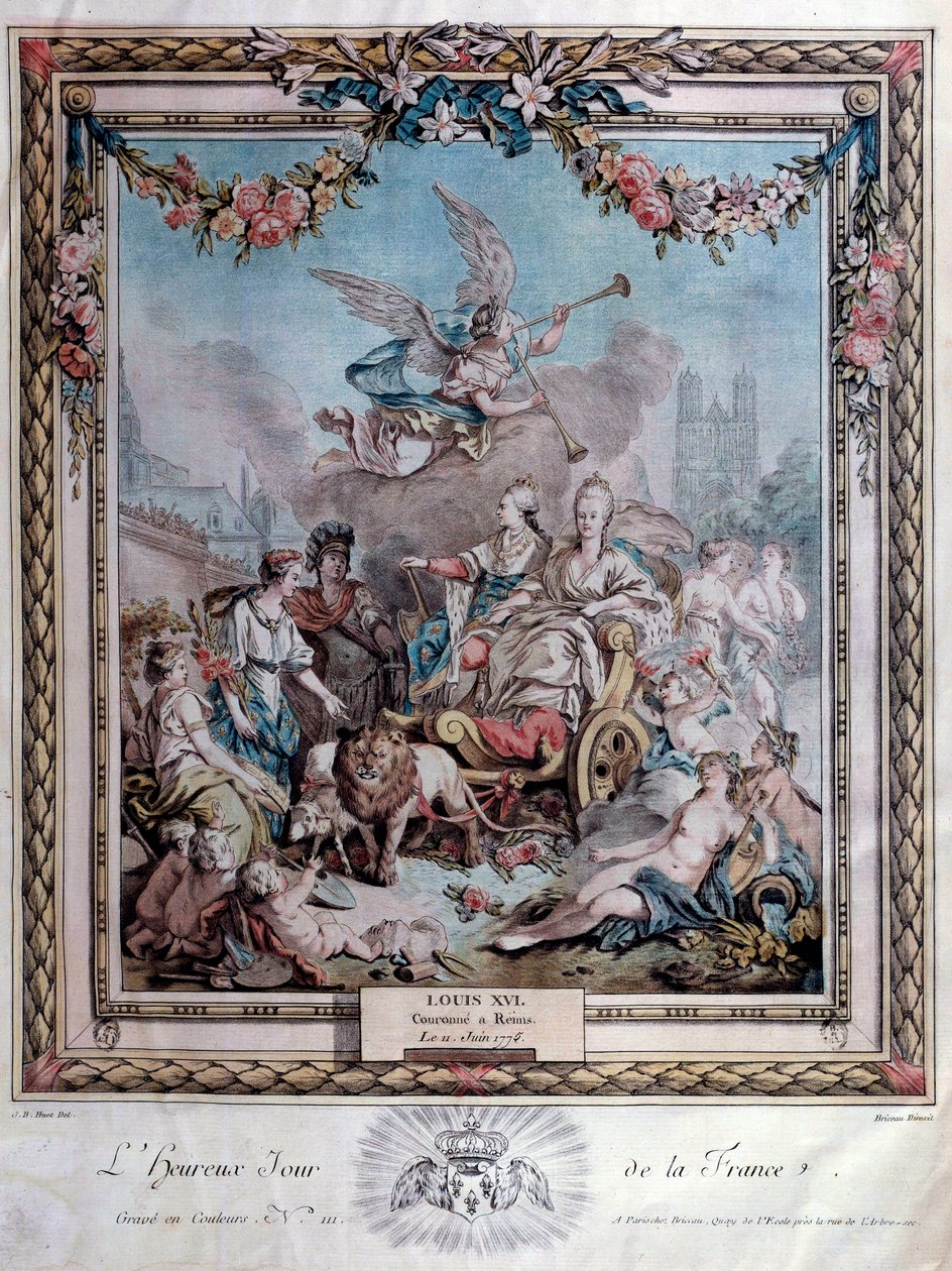 Gedenkfeier zur Krönung von Ludwig XVI. (1754-1793) in Reims am 11.06.1775. Gravur. Paris. Bibliothek des Arsenal von French School