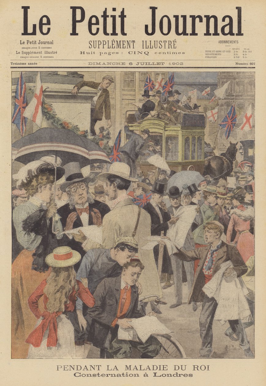 Besorgnis in London über die Krankheit von König Edward VII (Farblithografie) von French School