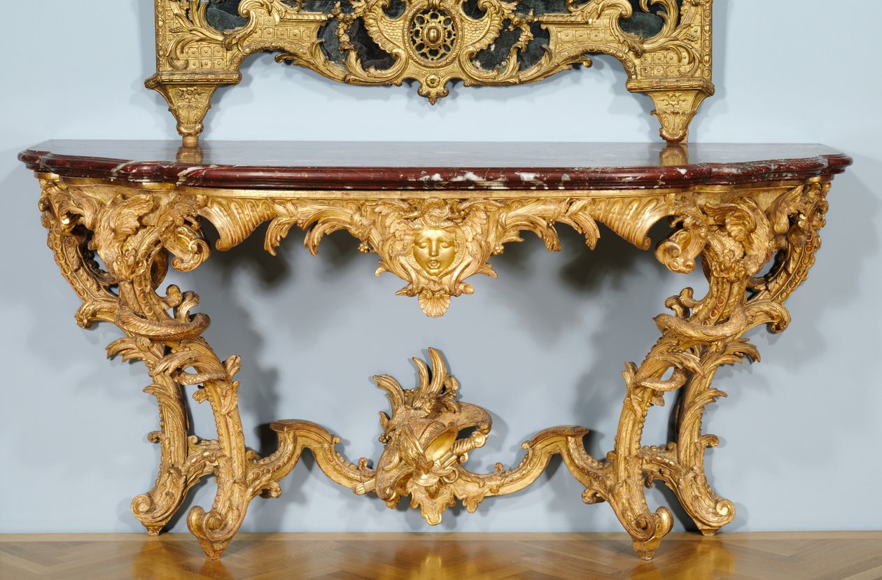 Konsolentisch, entworfen von Jules-Michel Hardouin (1635-1737), hergestellt von Pierre Turpin und Michel II Lange, ca. 1725 (geschnitztes vergoldetes Holz, Marmorplatte (Griotte de Campan)) von French School