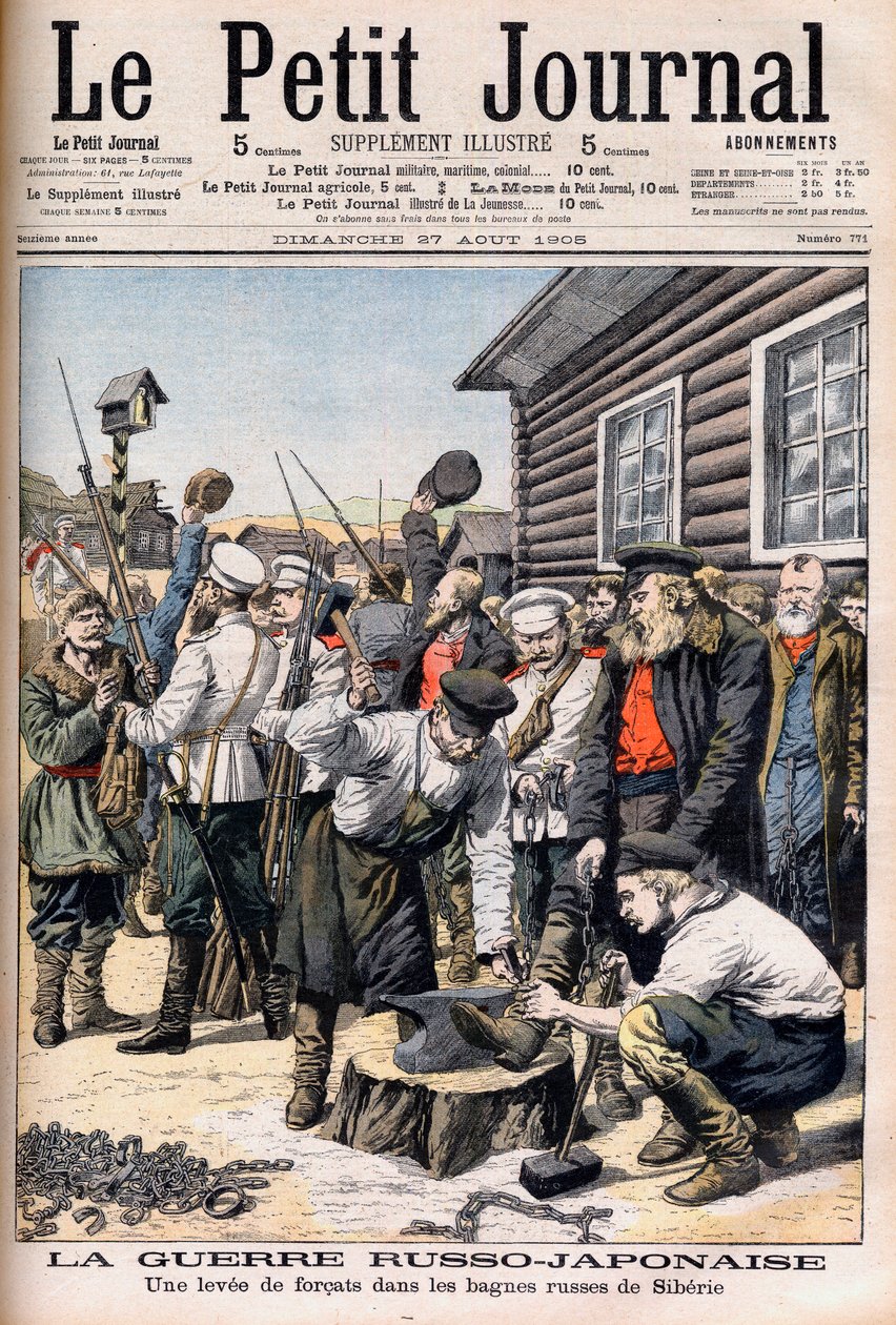 Sträflinge in Sibirien werden zum Kampf im Russisch-Japanischen Krieg eingezogen. Russisch-Japanischer Krieg. Ein Aufstand von Sträflingen in den russischen Straflagern von Sibirien. Illustration für Le petit Journal, 27. August 1905. von French School