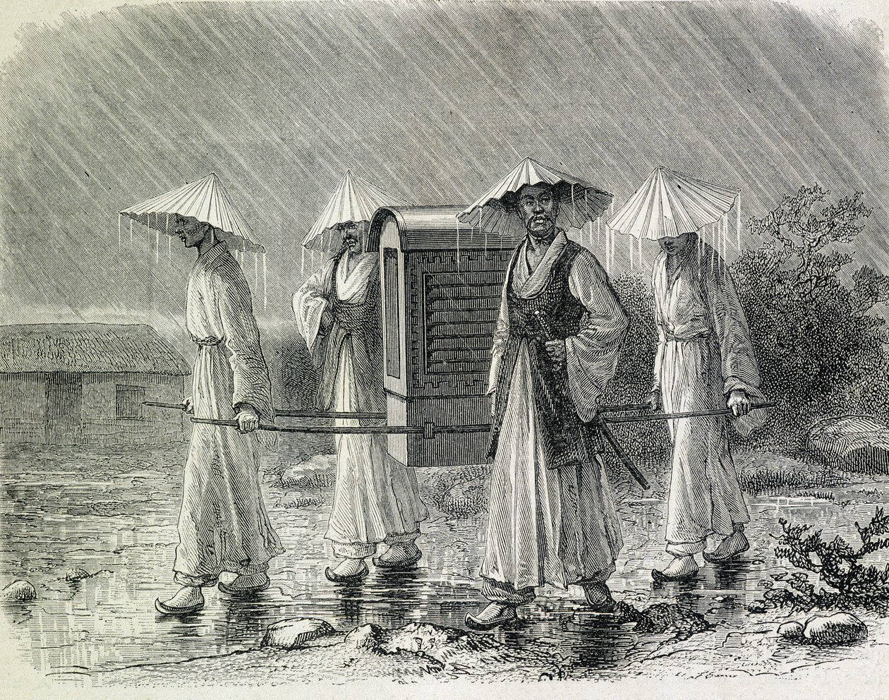Koreaner in einem Palankin (Regenanzug der Koreaner) tragen einen Stuhl. Illustration aus „Eine Expedition in Korea“ von Herrn H. Zuber, ehemaliger Marineoffizier (1866) - in „Tour du Monde“. von French School