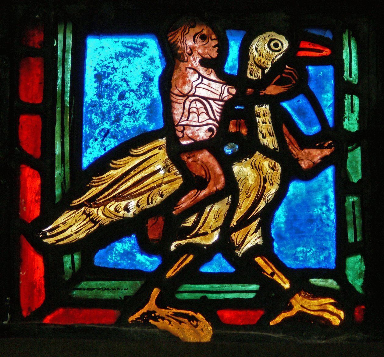 Eckstück eines Fensters, das das Gleichnis vom barmherzigen Samariter darstellt: Mann und Vogel von French School