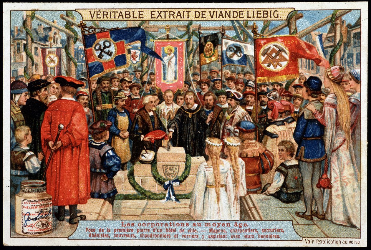 Zünfte im Mittelalter: Grundsteinlegung eines Rathauses, Maurer, Zimmerleute, Schlosser, Tischler, Dachdecker, Kesselschmiede und Glaser nehmen mit ihren verschiedenen Bannern teil von French School