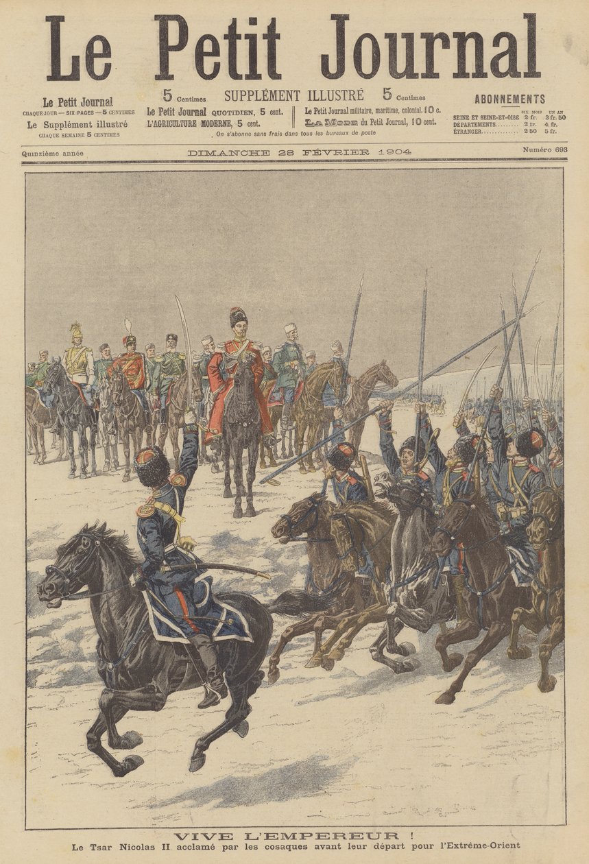 Kosaken bejubeln Zar Nikolaus II. vor der Abreise in den Fernen Osten, um gegen die Japaner zu kämpfen von French School