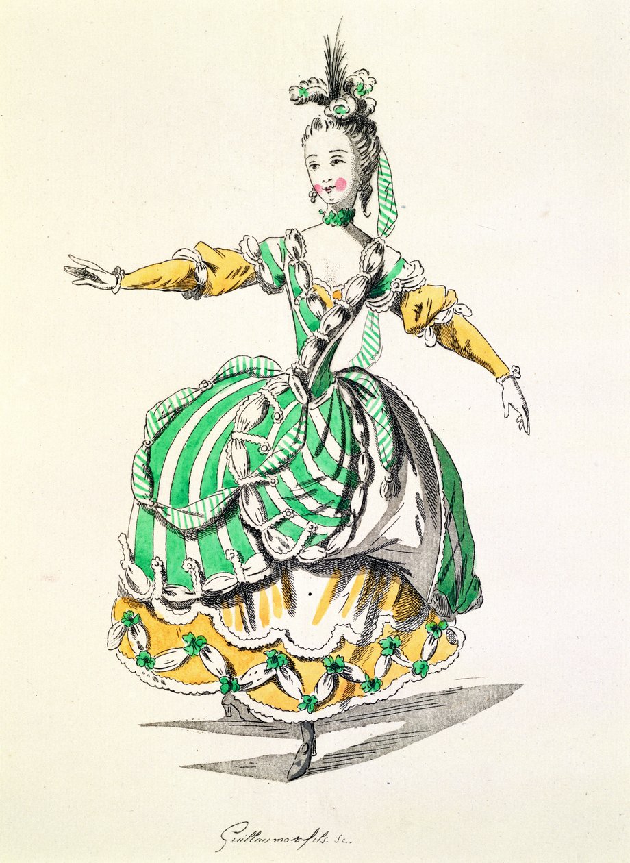 Kostümentwurf für Phrygienne, in Dardanus, einem Libretto von Leclerc de Labruere, komponiert von Jean-Philippe Rameau, Faksimile von A. Guillaumot Fils (Farbstich) von French School