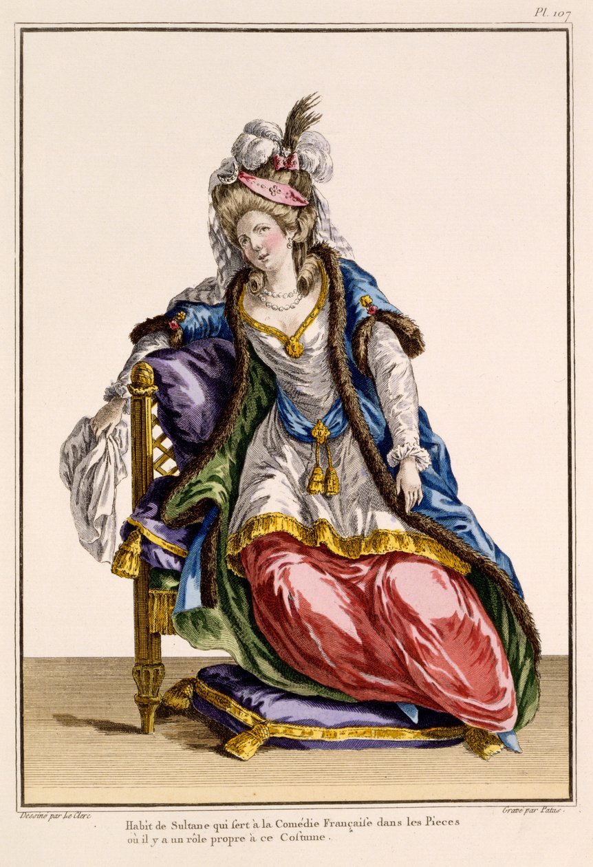 Kostüm für die Frau des Sultans in La Comedie Francaise, Druck von Patus (handkolorierter Stich) von French School