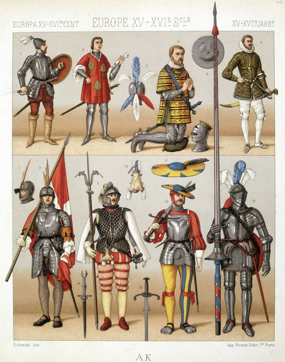 Kostüme und Rüstungen des Mittelalters - in „Das historische Kostüm“ von Racinet von French School