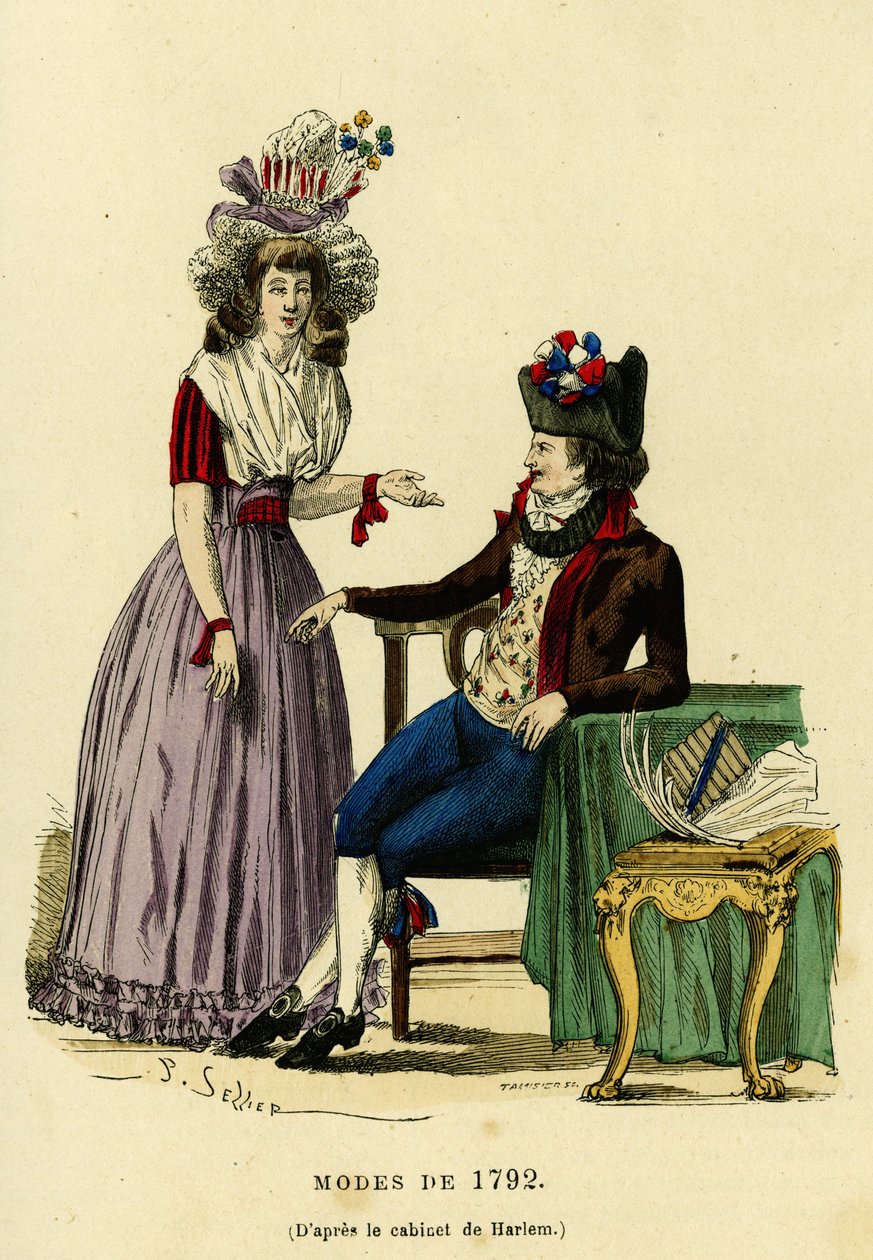 Paar in Mode von 1792. Farbige Gravur nach der Zeichnung des Harlem-Kabinetts, in „Frankreich und die Franzosen durch die Jahrhunderte“ von Augustin Challamel, F.Roy Herausgeber, Paris 1882. Selva Sammlung. von French School
