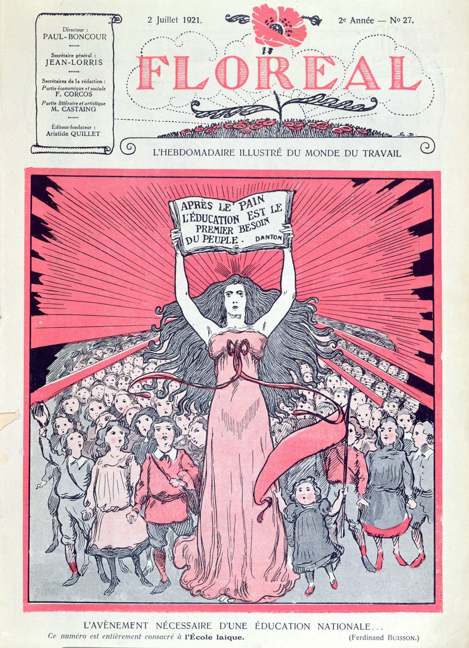 Cover der Zeitschrift Floreal zum vierzigsten Jahrestag der Ecoles Laiques in Frankreich, 2. Juli 1921 von French School