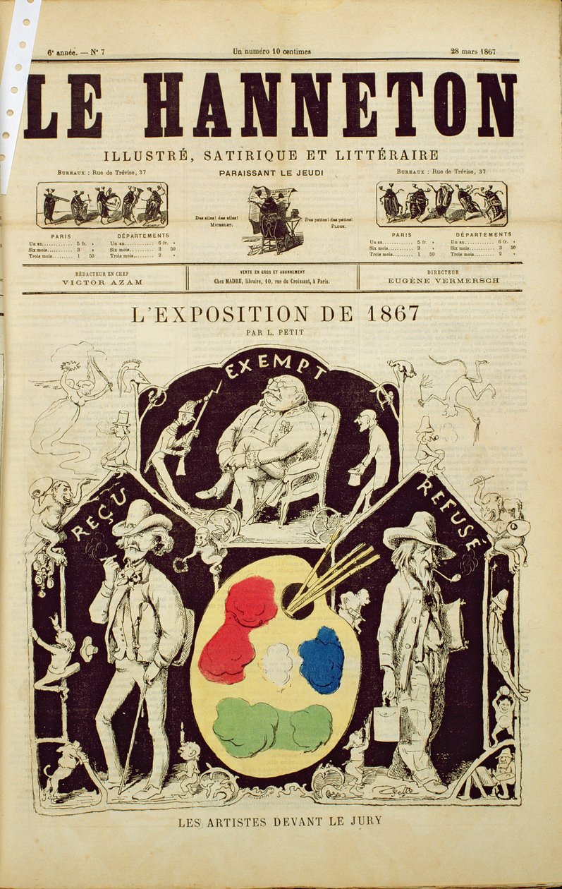 Titelblatt von Le Hanneton, Darstellung der Künstler vor der Jury auf der Ausstellung von 1867, 28. März 1867 von French School