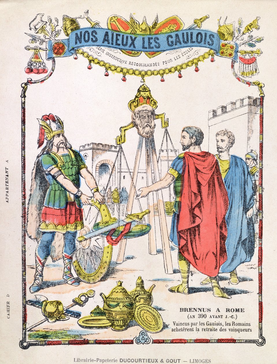 Umschlag eines Schulheftes, der die Legende von Brennus darstellt von French School