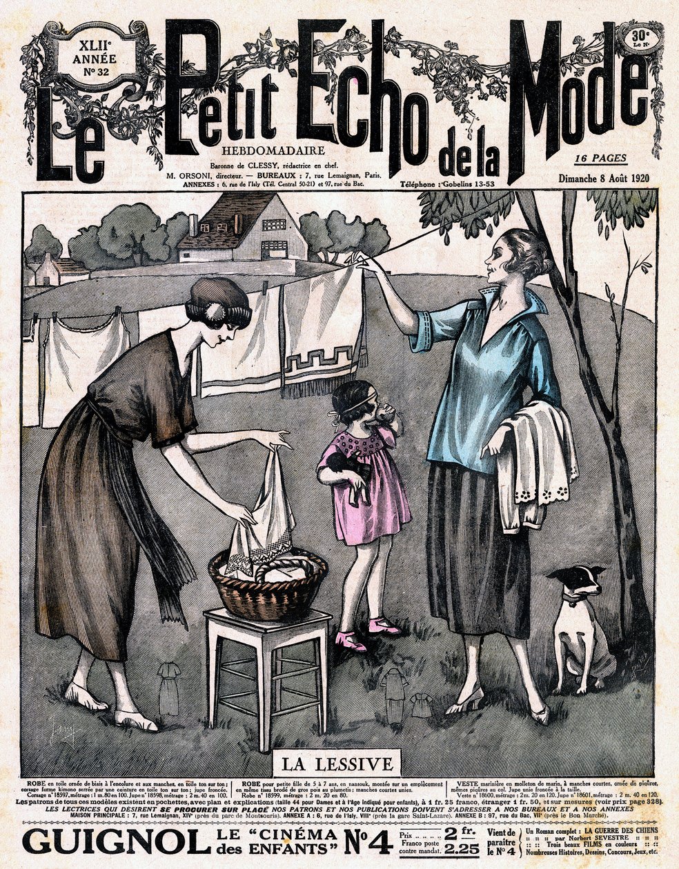 Titelblatt der Zeitung „Le petit echo de la mode“ - zwei Frauen mit einem Mädchen und einem Hund hängen Wäsche zum Trocknen auf, Nr. 32 vom 8. August von French School