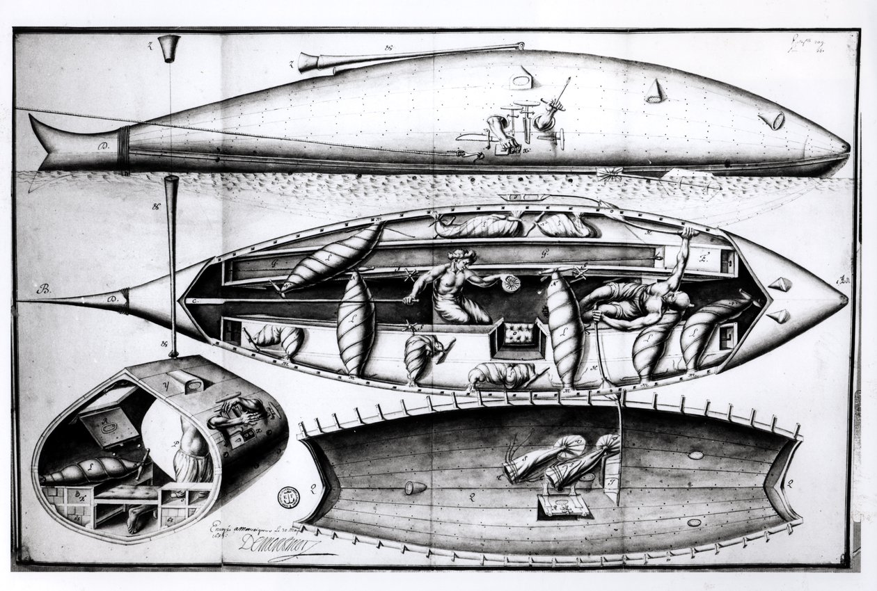 Querschnitt eines U-Boots, aus einem Manuskript, März 1689 von French School