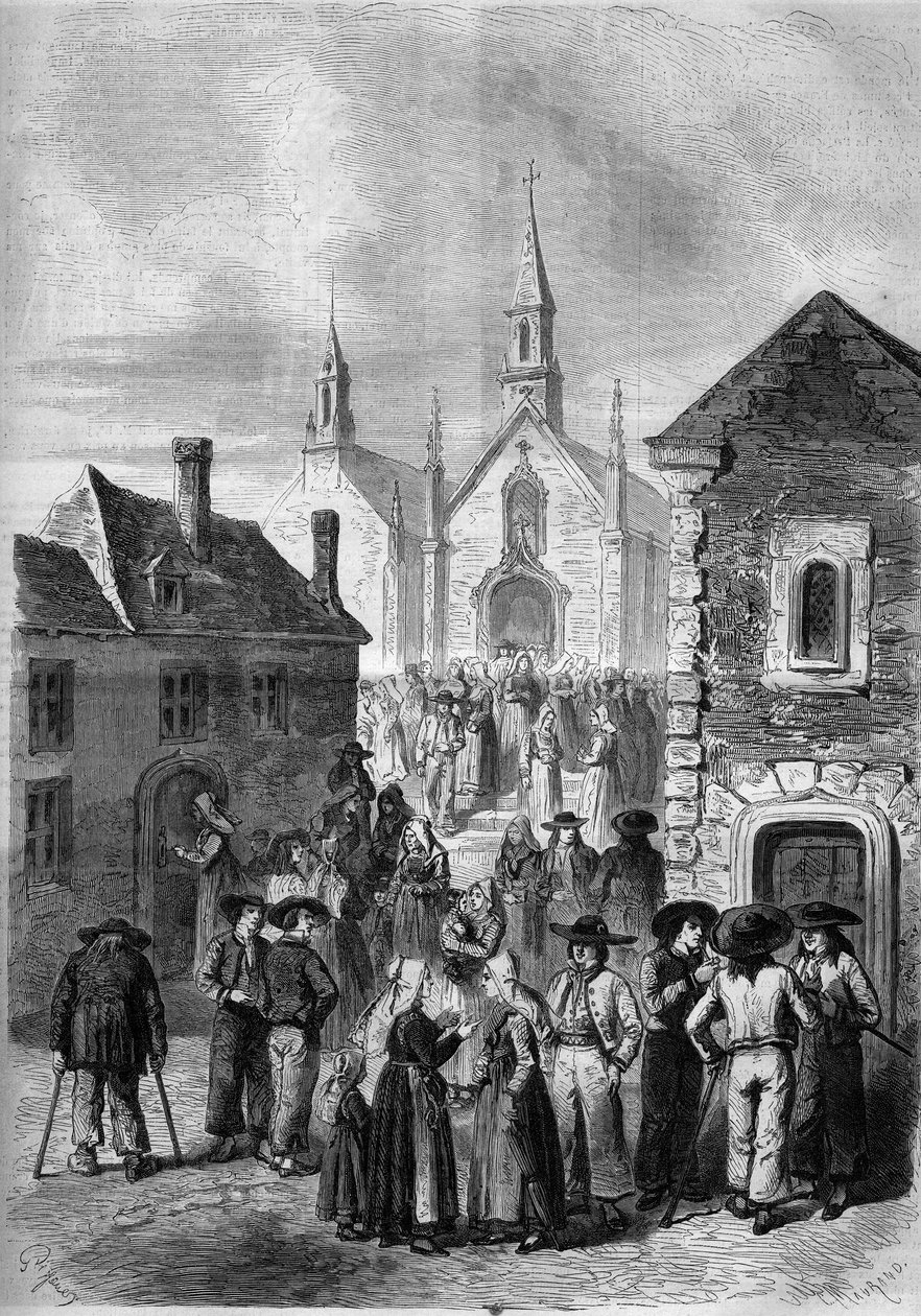 Alltagsleben in der Bretagne: Ausgang aus der Kirche von Locminé von French School