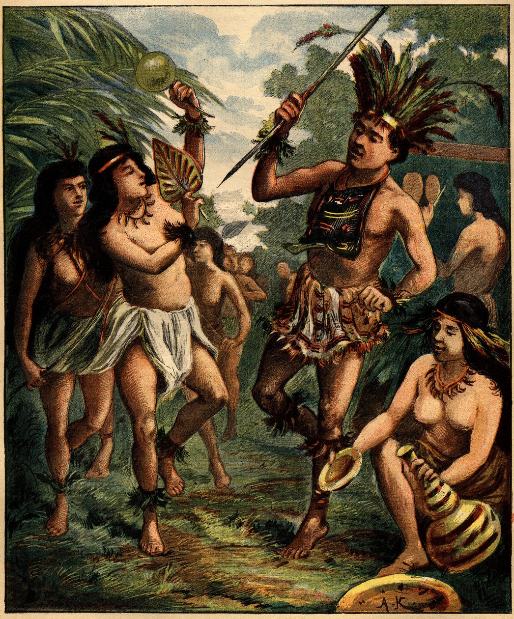 Tanz der Roucouyan-Indianer in der Karibik. Gravur in „La Terre Illustree“ Nr. 77 vom 21. April 1892. von French School