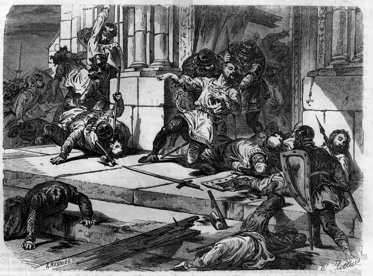 Diakon Johannes lässt die Türen des Lateranpalastes aufbrechen. Gravur in „Histoire des Papes-Rois-Queen and Empereurs à travers les siècles“ von Maurice Lachatre von French School