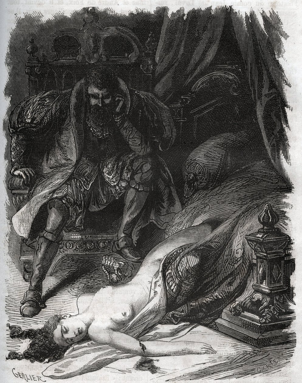 Tod von Françoise de Foix, Gräfin von Châteaubriant (ca. 1495-1537), ermordet von ihrem Ehemann Jean de Laval Comte de Châteaubriant (Laval-Châteaubriant) (1486-1543), der sich so an den Untreuen seiner Frau rächte. Gravur von 1871 in „Histoire Des Cocus C von French School