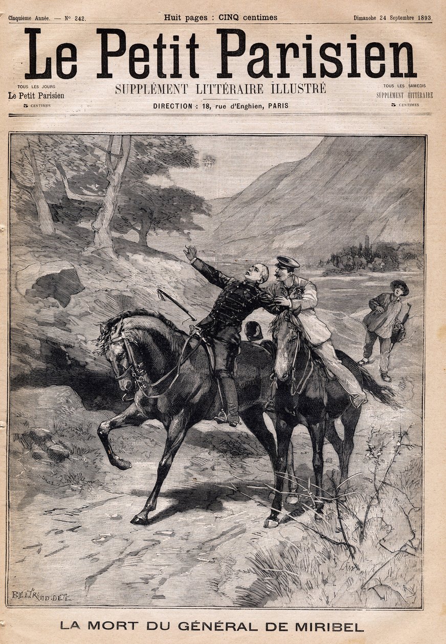 Tod von General Marie Joseph Francois de Miribel (1831-1893) an einem Schlaganfall nach einer Inspektion in den Alpen. Aus der Zeitung "Le Petit Parisien" am 24.09.1893. von French School
