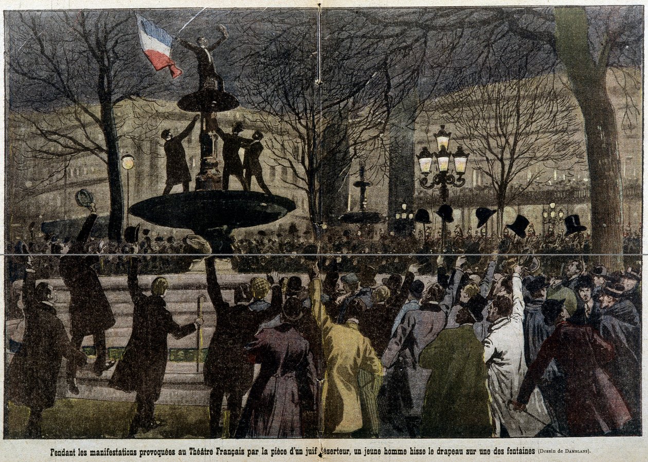 Demonstrationen vor dem französischen Theater, provoziert von einem Deserteur Juden, ein junger Mann hebt die französische Flagge: der Pilger von French School