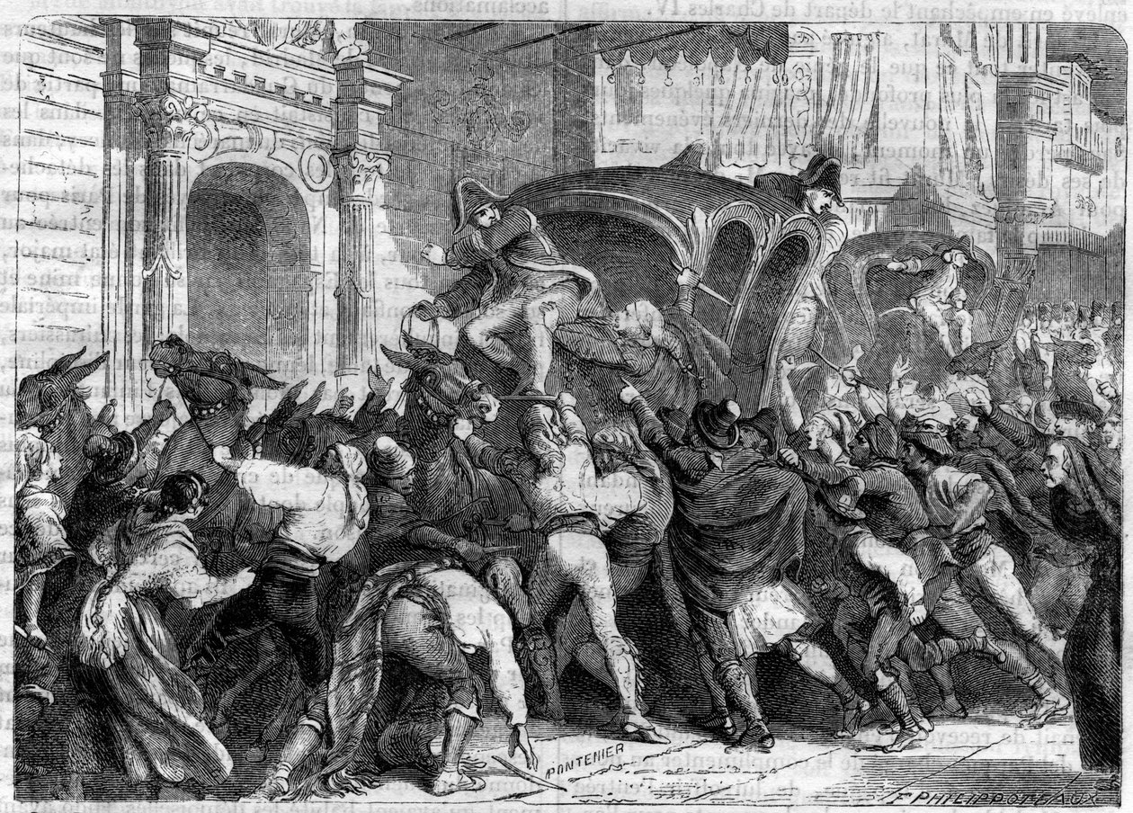 Abreise von König Ferdinand VII nach Bayonne 1808 (Abdankungen von Bayonne) - Abreise zum Interview von Bayonne (1808) - Das Volk in Vittoria in Spanien will die Abreise von Ferdinand VII nach Bayonne verhindern - in „History of the empire following the h von French School